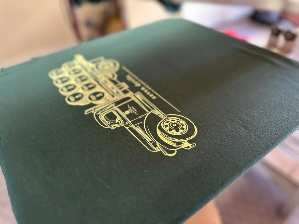 Custom screen printed design with fine detail on a t-shirt