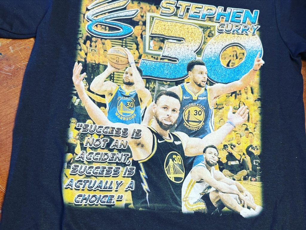 Custom printed Stephen Curry t-shirt with full placement, DTG
