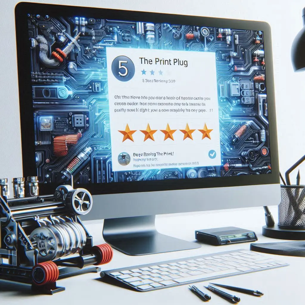 AI image of a 5 star rating and review for acustom apparel shop on a computer screen