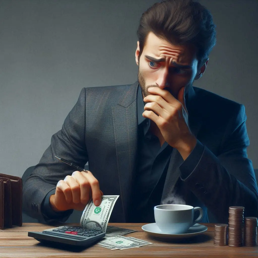 AI image of a stressed out man budgeting for custom garments for his event