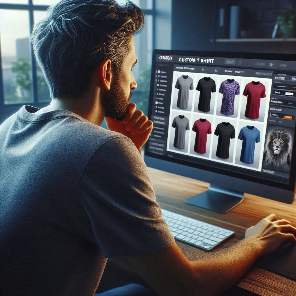 AI image of a man browsing the internet to find the right custom t-shirt vendor