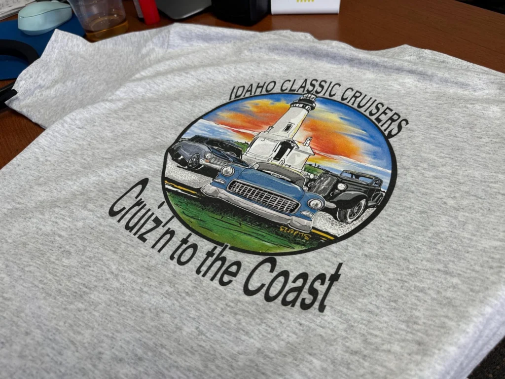 DTG printing of a custom graphic tee for a local brand near Nampa