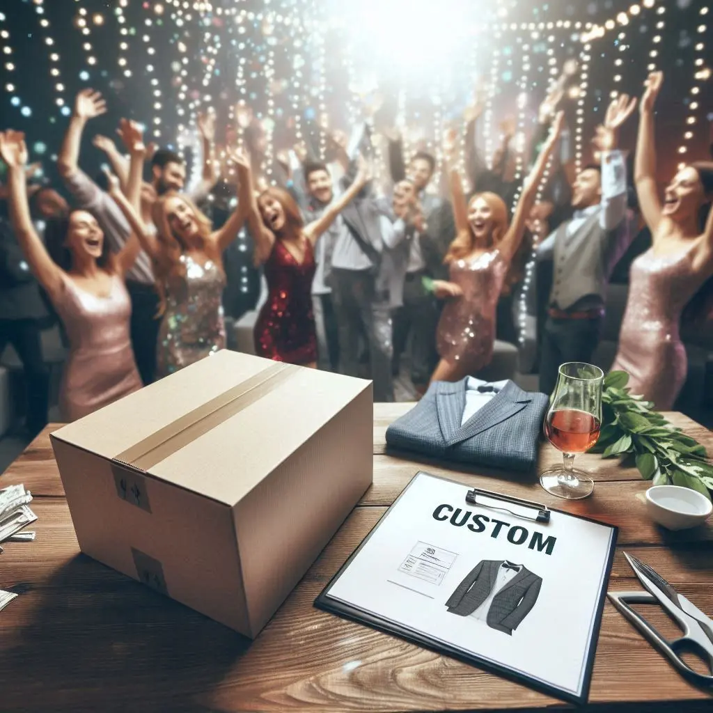 AI image of a joyous crowd with a package of custom t-shirts on a table