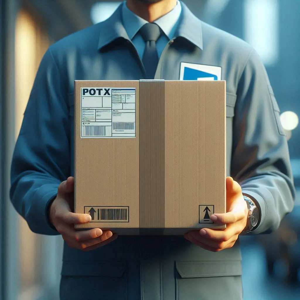 AI image of a postman carrying a package of custom t-shirts for shipping