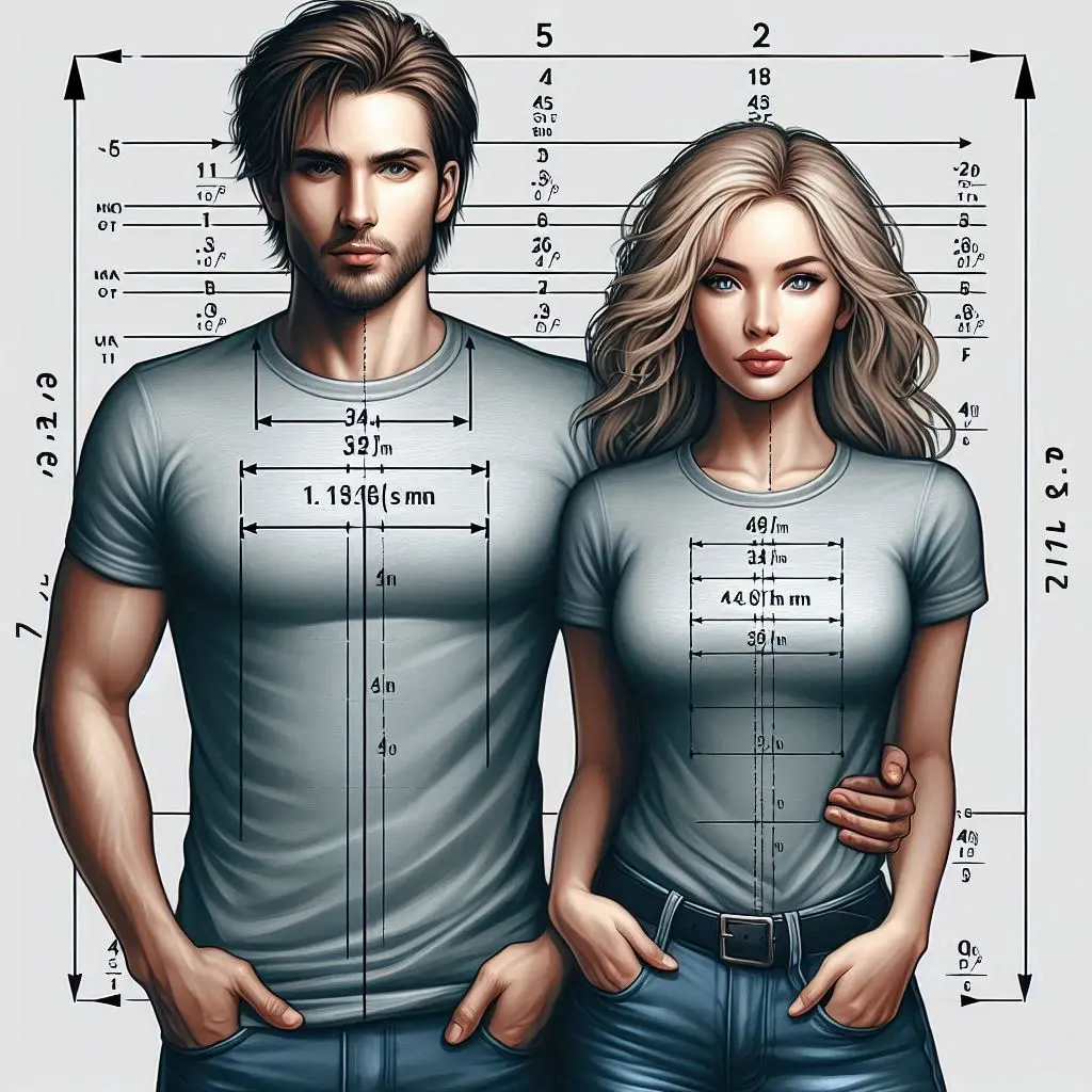 AI image of a man and woman overlaid with a size chart for custom garments