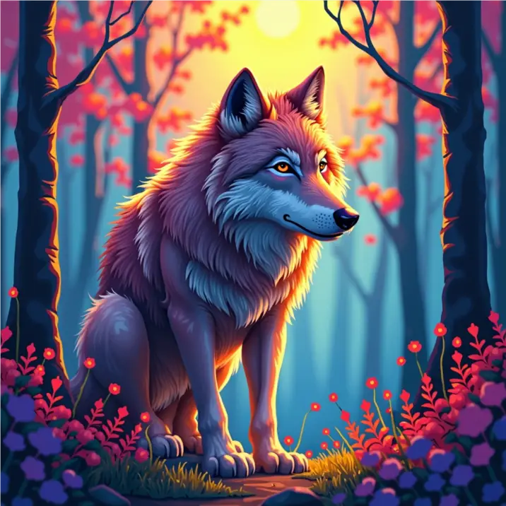 Custom 3d graphic design of a wolf in the forest